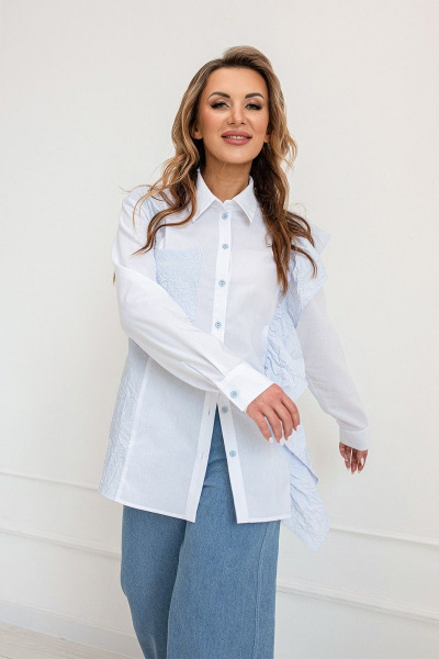 Рубашка из текстиля с рельефами и карманом из экокожи Butеr 2638 бело-голубой - фото 9