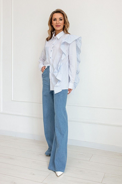 Рубашка из текстиля с рельефами и карманом из экокожи Butеr 2638 бело-голубой - фото 7