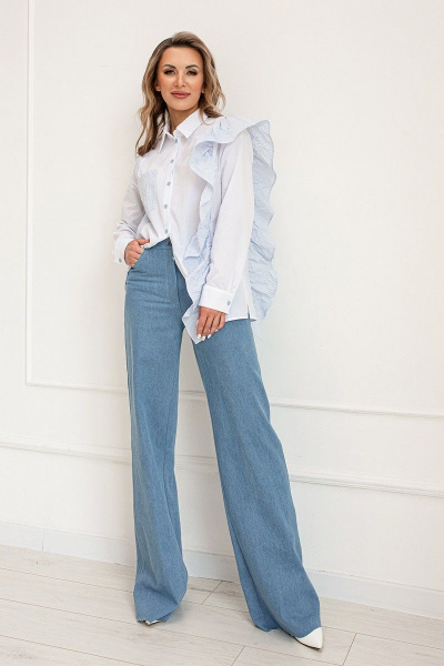 Рубашка из текстиля с рельефами и карманом из экокожи Butеr 2638 бело-голубой - фото 6