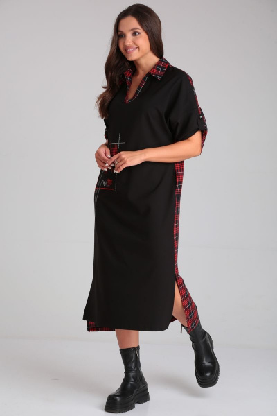 Летнее вискозное платье с воротником и вышивкой пайетками Michel chic 2134 черный-красный - фото 6