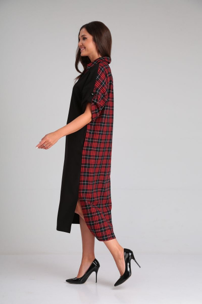 Летнее вискозное платье с воротником и вышивкой пайетками Michel chic 2134 черный-красный - фото 2