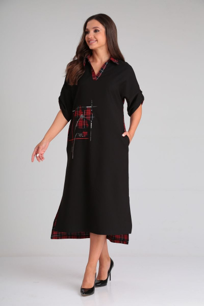 Летнее вискозное платье с воротником и вышивкой пайетками Michel chic 2134 черный-красный - фото 4