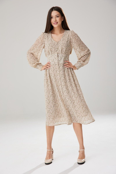 Демисезонное бежевое платье с цветочным принтом и сборками Ларс Стиль 804 - фото 3
