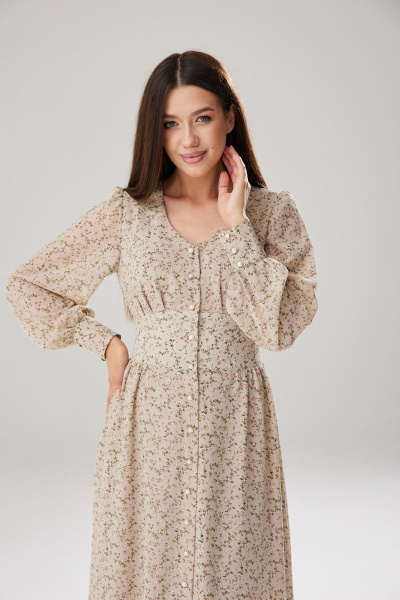 Демисезонное бежевое платье с цветочным принтом и сборками Ларс Стиль 804 - фото 2