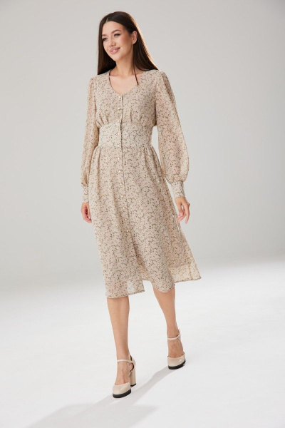 Демисезонное бежевое платье с цветочным принтом и сборками Ларс Стиль 804 - фото 1
