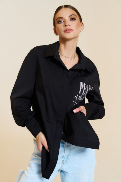 Блуза прямого силуэта из хлопка с карманом и воротником DILIA 0777 черный - фото 2
