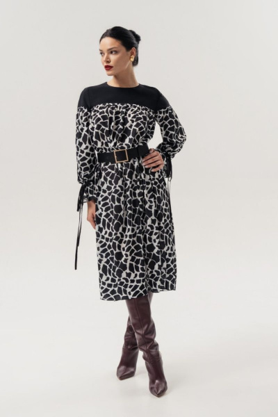 Демисезонное платье с кокеткой и сборками из текстиля Allma D-011 черно-белый - фото 1