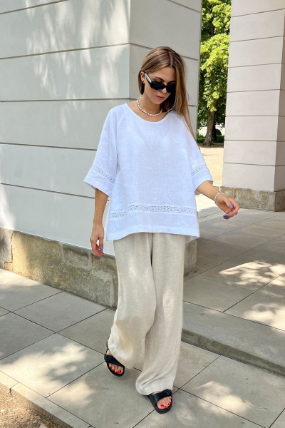 Туника из льна свободная с тесьмой-шитьем и реглан рукавом Mirolia 1179 белый - фото 3