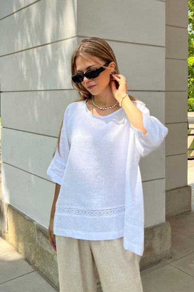 Туника из льна свободная с тесьмой-шитьем и реглан рукавом Mirolia 1179 белый - фото 2