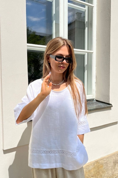 Туника из льна свободная с тесьмой-шитьем и реглан рукавом Mirolia 1179 белый - фото 1