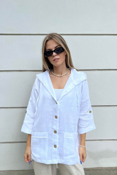 Блуза из льна прямая с капюшоном и накладными карманами Mirolia 1181 белый - фото 2