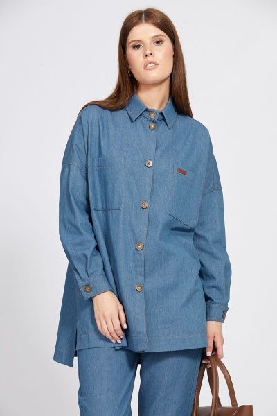Демисезонная джинсовая блузка оверсайз с нашивкой EOLA 2487 темно_голубой - фото 1