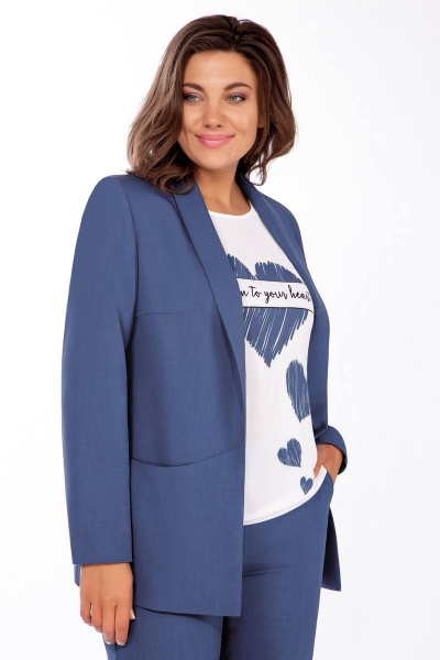 Демисезонный синий костюм блейзер, брюки и блуза для офиса Ольга Стиль С-774 джинс - фото 4