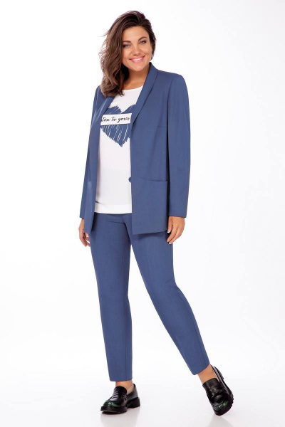 Демисезонный синий костюм блейзер, брюки и блуза для офиса Ольга Стиль С-774 джинс - фото 1