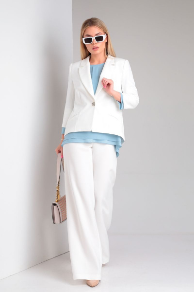 Брючный костюм с стильной спинкой и шифоновой блузкой DOGGI 2904 молочный+голубой - фото 1