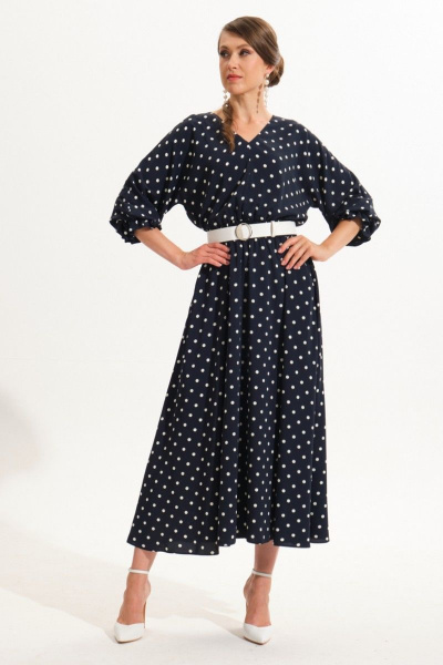 Синее расклешенное платье с V-образным вырезом и карманами VI ORO VR-1051/2 - фото 2