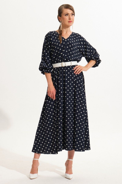 Синее расклешенное платье с V-образным вырезом и карманами VI ORO VR-1051/2 - фото 1