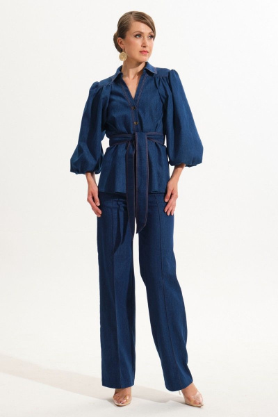 Джинсовый костюм жакет и прямые брюки из хлопка VI ORO VR-1059 синий - фото 3