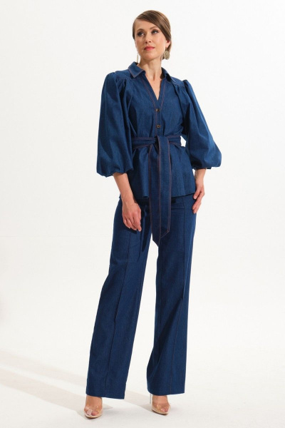 Джинсовый костюм жакет и прямые брюки из хлопка VI ORO VR-1059 синий - фото 2