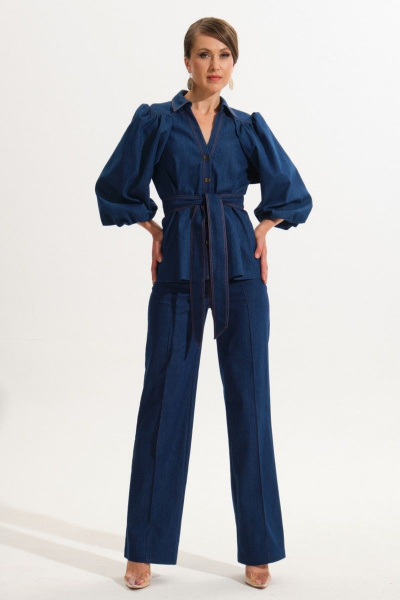 Джинсовый костюм жакет и прямые брюки из хлопка VI ORO VR-1059 синий - фото 1