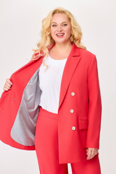 Деловой костюм 2-ка жакет и брюки из костюмной ткани Swallow 676 коралл - фото 9
