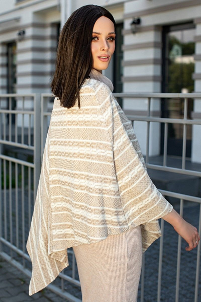 Комплект пончо и юбки из трикотажа с воротником и поясом Diva 1607 бежевый - фото 2