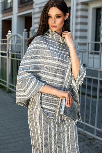 Комплект из пончо и юбки из вискозы и вязаного трикотажа Diva 1608 серый - фото 2