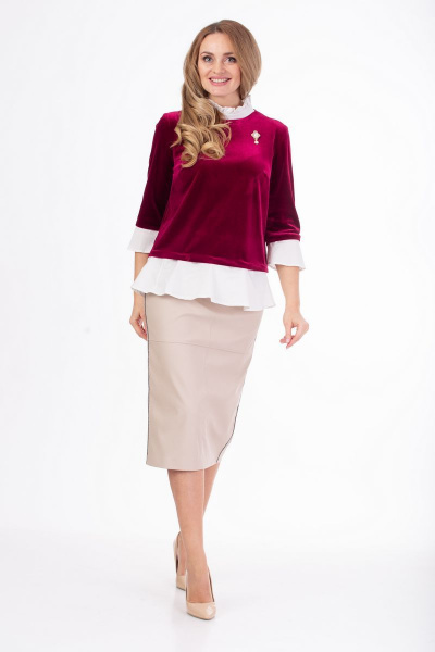 Блуза трансформер из вельвета с разъемными манжетами Anelli 604 бордо - фото 1