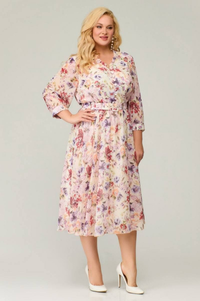 Приталенное шифоновое платье с рюшей и резинкой талии Slaviaelit 526 молочный - фото 1