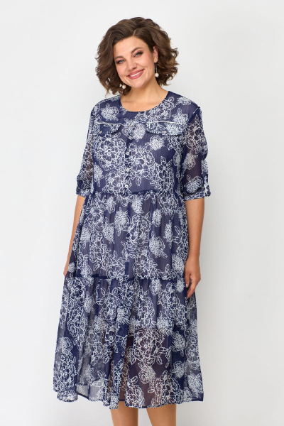 Платье свободного кроя из шифона с карманами Solomeya Lux 884 синий-белый - фото 6