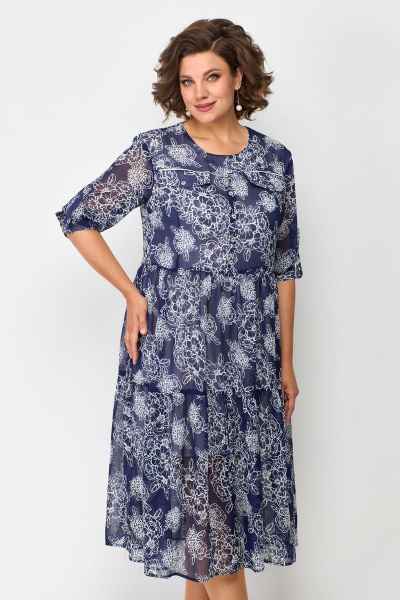 Платье свободного кроя из шифона с карманами Solomeya Lux 884 синий-белый - фото 5