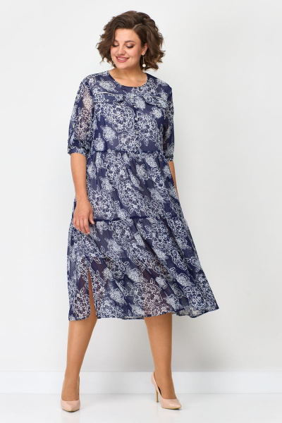 Платье свободного кроя из шифона с карманами Solomeya Lux 884 синий-белый - фото 3