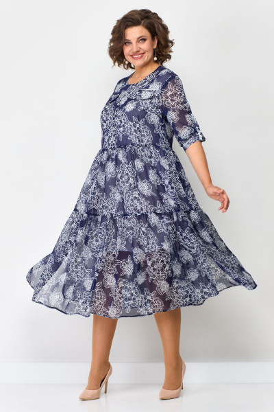 Платье свободного кроя из шифона с карманами Solomeya Lux 884 синий-белый - фото 2