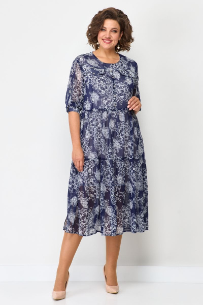 Платье свободного кроя из шифона с карманами Solomeya Lux 884 синий-белый - фото 1