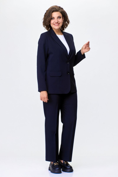 Деловой комплект с жакетом и брюками из текстиля БелЭльСтиль 203-2 78 22+596-2 79 22 темно-синий однотон - фото 6
