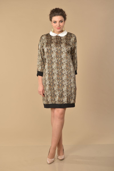 Платье прямого силуэта с воротником-стойкой и кожаным окрасом Lady Style Classic 1553 коричневый - фото 1