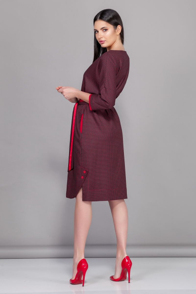 Красное платье прямого силуэта с поясом БАГРЯНИЦА 3022 мелкая_клетка - фото 2