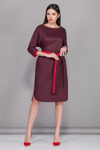 Красное платье прямого силуэта с поясом БАГРЯНИЦА 3022 мелкая_клетка - фото 1