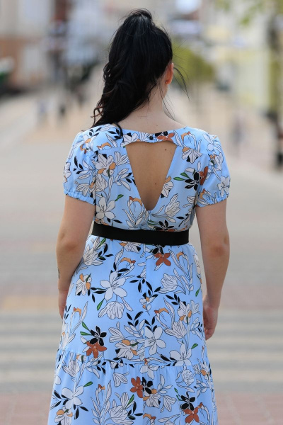 Голубое платье на подкладке из хлопка с поясом и кружевным вырезом MadameRita 5178 голубой - фото 5