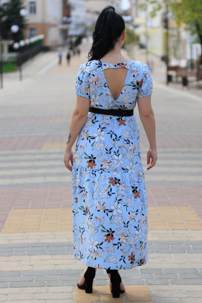 Голубое платье на подкладке из хлопка с поясом и кружевным вырезом MadameRita 5178 голубой - фото 4