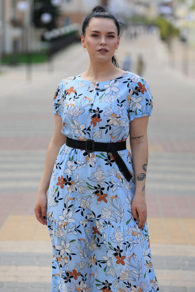 Голубое платье на подкладке из хлопка с поясом и кружевным вырезом MadameRita 5178 голубой - фото 3