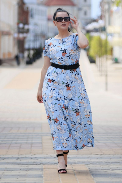 Голубое платье на подкладке из хлопка с поясом и кружевным вырезом MadameRita 5178 голубой - фото 2