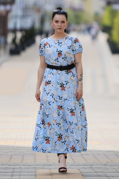 Голубое платье на подкладке из хлопка с поясом и кружевным вырезом MadameRita 5178 голубой - фото 1