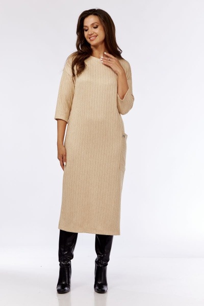 Платье свободного кроя из мягкого трикотажа с карманом Michel chic 2135 бежевый - фото 1