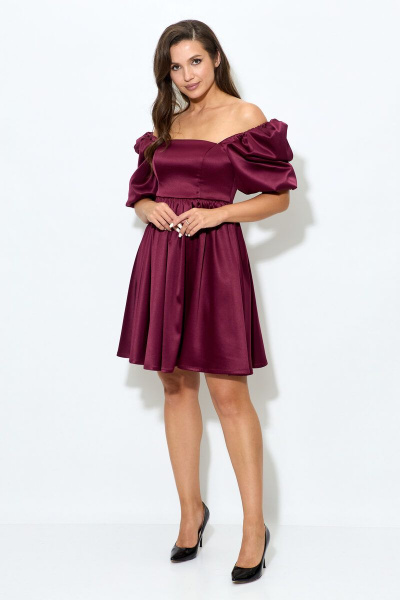 Платье из атласа с короткими рукавами и ремнем Abbi 1007 спелая_вишня - фото 10