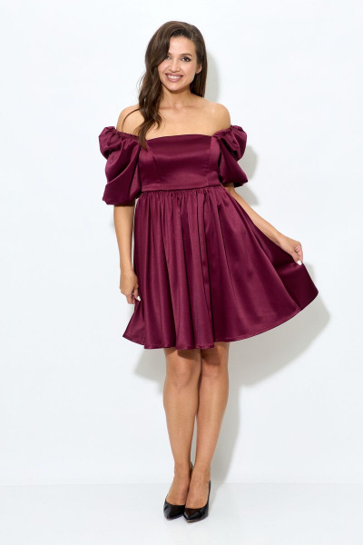 Платье из атласа с короткими рукавами и ремнем Abbi 1007 спелая_вишня - фото 9