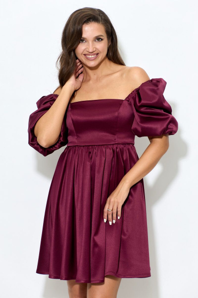Платье из атласа с короткими рукавами и ремнем Abbi 1007 спелая_вишня - фото 8
