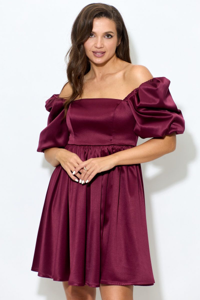 Платье из атласа с короткими рукавами и ремнем Abbi 1007 спелая_вишня - фото 7