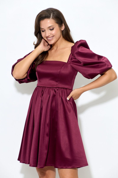 Платье из атласа с короткими рукавами и ремнем Abbi 1007 спелая_вишня - фото 6