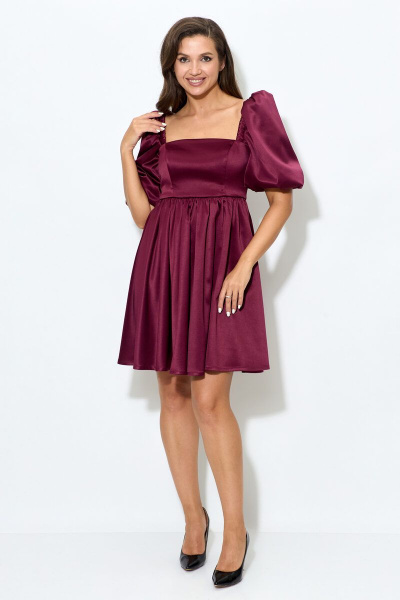 Платье из атласа с короткими рукавами и ремнем Abbi 1007 спелая_вишня - фото 5